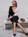 Color Block Batwing Sleeve Dress, Tie-waist V Neck Slim Knit Dress, Women's Clothing