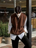 kkboxly  Men's Solid Knitted Sleeveless Sweater , Casual V Neck Vest For Outdoor Activities