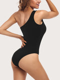 kkboxly  One Shoulder One Piece Bodysuit, Sexy Sleeveless Stretchy Bodysuit, Women's Clothing