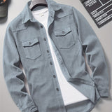 kkboxly  Men's Loose Fit Solid Color Lapel Collar Long Sleeve Denim Jacket With Pockets, Men's Outfits