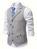 kkboxly  Men's Retro Herringbone Pattern Vest, Chic Lapel Single Breasted Dress Waistcoat For Business Banquet