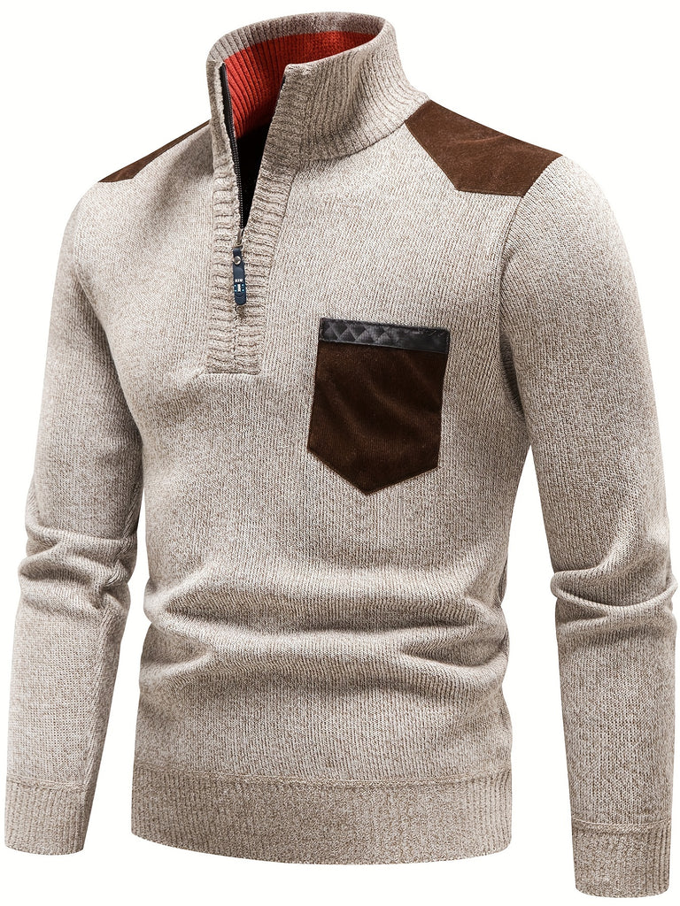 kkboxly  Men's Spring New Casual Long-sleeved Turtleneck With Zipper Knitted Pullover Sweater Warm Pocket Stitching Pullover Sweater For Autumn And Winter