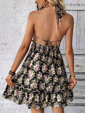kkboxly  Floral Print Halter Dress, Sexy Open Back Ruffle Hem Sleeveless Tie Dress, Women's Clothing