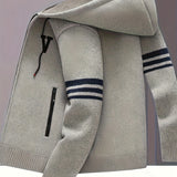 Men's Striped Fleece Hooded Cardigan, Casual Slightly Stretch Breathable Zip Up Thermal Jacket For Fall Winter Outdoor