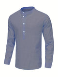 kkboxly  Classic Design Cotton Boat Neck Henley Shirt, Men's Casual Loose Fit Vintage Style Long Sleeve Henley Shirt For Spring Summer