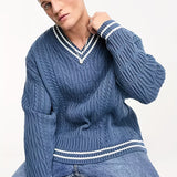 kkboxly  All Match Retro Knitted Cable Sweater, Men's Casual Loose Warm Mid Stretch V Neck Pullover Sweater For Men Fall Winter