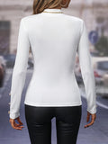 kkboxly  Solid Button Decor Simple T-Shirt, Versatile Mock Neck Long Sleeve T-Shirt For Spring & Fall, Women's Clothing