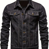 kkboxly  Men's Chic Washed Denim Jacket, Casual Street Style Button Up Contrast Stitching Jacket For Fall Winter