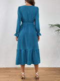 kkboxly  Ruched Ruffle Trim Dress, Casual V Neck Long Sleeve Dress, Women's Clothing