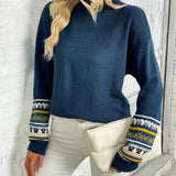 kkboxly  Graphic Print Mock Neck Pullover Sweater, Casual Long Sleeve Sweater For Fall & Winter, Women's Clothing