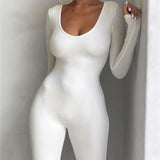 kkboxly  Solid Crew Neck Long Sleeve Bodycon Jumpsuit, Sports Yoga Skinny Long Length Seamless Jumpsuit, Women's Clothing
