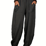 kkboxly  Solid Elastic Waist Pants, Casual Long Length Versatile Pants With Pockets, Women's Clothing