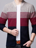kkboxly  Color Block Warm Zip Up Jacket Sweater, Men's Casual Stand Collar Mid Stretch Cardigan For Fall Winter