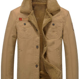 Men's Warm Fleece Cotton Jacket For Fall Winter, Casual Lapel Biker Jacket Coat