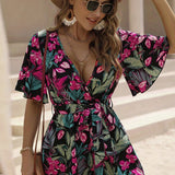 kkboxly  Boho Floral Print Belted Jumpsuit, Flutter Sleeve Deep V Neck Casual Jumpsuit For Summer & Spring, Women's Clothing