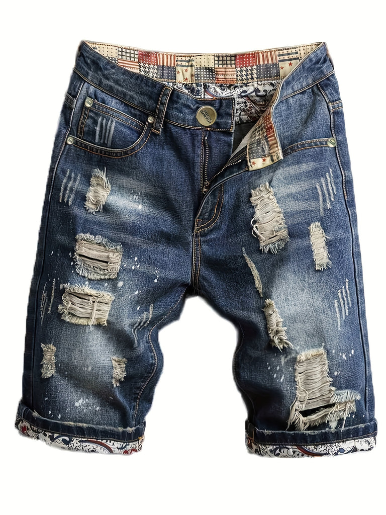 kkboxly  Men's Stylish Ripped Jeans Casual Royal Blue Shorts For Summer