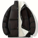 kkboxly  Men's Solid Fleece Puffer Coat, Casual Stand Collar Zip Up Thermal Jacket For Outdoor Fall Winter