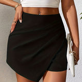 kkboxly Solid Ruched Asymmetrical Hem Skorts, Casual Zip Back Skort For Spring & Summer, Women's Clothing