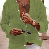 kkboxly  Solid Men's Casual Loose Long Sleeve Button Up Shirt, Spring Fall Outdoor