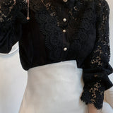 kkboxly  Women's Blouse Lace Puff Sleeve Lantern Sleeve Solid Pleated Women Blouse