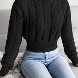 Solid Crew Neck Cable Knit Sweater, Casual Long Sleeve Pullover Sweater, Women's Clothing