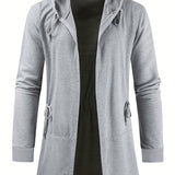 kkboxly  Plus Size Men's Casual Hooded Jacket, Solid Color Lengthened Cardigan Long Sleeved Loose Drawstring Coat