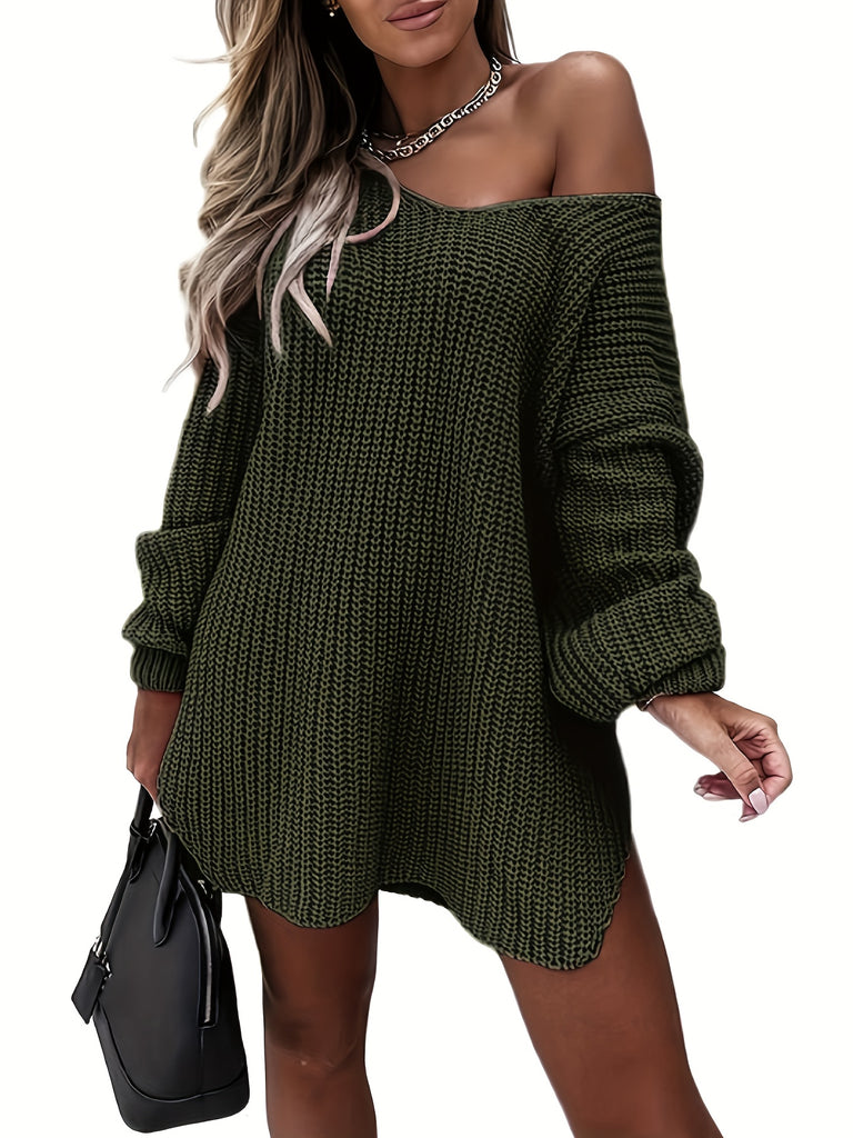 kkboxly  Solid Sweater Dress, Casual V Neck Long Sleeve Versatile Dress, Women's Clothing