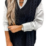 kkboxly  Cable V-Neck Sweater Vests, Casual Loose Sleeveless Fall Winter Knit Sweater Vest, Women's Clothing