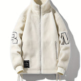 kkboxly kkboxly  Men's Fashion Lax Print Fleece Jacket, Casual Slightly Stretch Stand Collar Zip Up Windproof Warm Coat For Winter