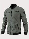 kkboxly  Men's Letter Embroidered Casual Bomber Jacket, Plus Size Male Clothing