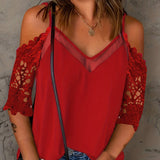 kkboxly   Lace Sleeve Cold Shoulder Blouse, Casual Spaghetti Solid V Neck Blouse, Women's Clothing