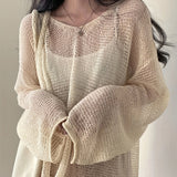 kkboxly  Hollow Out Solid Loose Sweater, Casual Long Sleeve Sweater For Spring & Fall, Women's Clothing