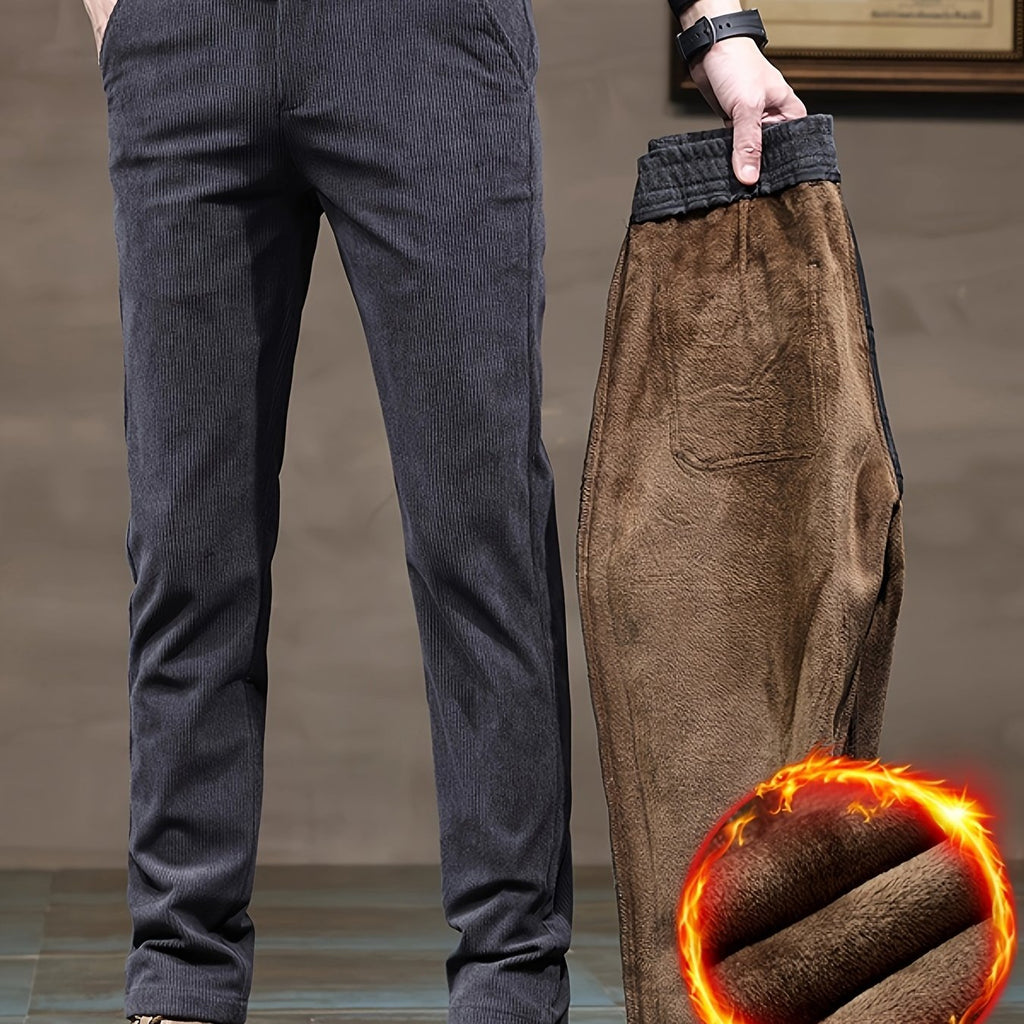 kkboxly  Plus Fleece Men's Corduroy Comfy Long Pants With Pockets, Fall Winter Outdoor