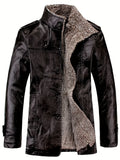 Men's Warm Fleece PU Jacket For Fall Winter, Casual Button Up Stand Collar Faux Leather Jacket