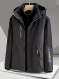 kkboxly  Men's Trendy Thermal Hooded Ski Jacket, Detachable Liner, Waterproof & Windproof Loose Zip Up Hooded Coat For Fall Winter Outdoor
