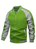 kkboxly  Men's Color Block Graphic Sports Jacket, Casual Striped Zip Up Varsity Jacket For Outdoor Fall Winter