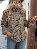 kkboxlyFloral Print Cold Shoulder Blouse, Elegant Ruched Long Sleeve Blouse, Women's Clothing