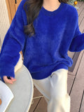 Solid Crew Neck Fleece Pullover Sweater, Casual Long Sleeve Cozy Loose Sweater, Women's Clothing