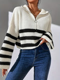 kkboxly  Striped Pattern Half Zip Pullover Sweater, Casual Bell Sleeve Sweater For Fall & Winter, Women's Clothing
