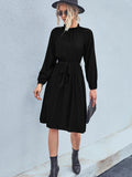 kkboxly  Women's Dresses Elegant Dress Pleated Frill Neck Flounce Long Sleeve Belted Dresses