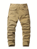 kkboxly Cotton Solid Color Multi Flap Pockets Men's Straight Leg Cargo Pants, Loose Casual Outdoor Pants, Men's Work Pants Hiking Fishing