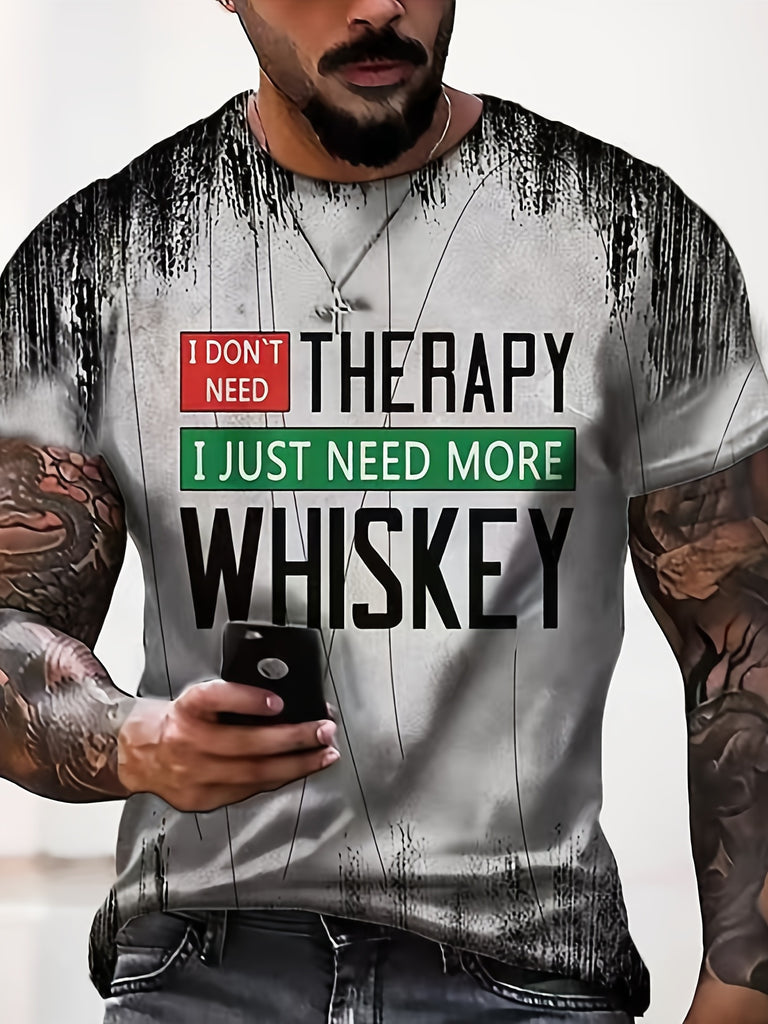 kkboxly  THERAPY & WHISKY Letter Print Men's Summer T-shirt, Men's Fashion Tops