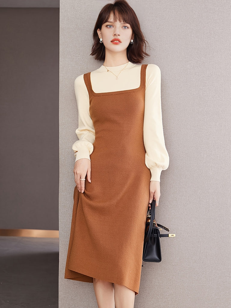 kkboxly  2 In 1 Tank Dress With Blouse, Elegant Mock Neck Lantern Long Sleeve Knitted Dress, Women's Clothing