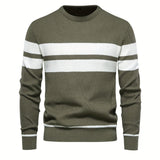 kkboxly  All Match Knitted Striped Pattern Sweater, Men's Casual Warm Slightly Stretch Crew Neck Pullover Sweater For Men Fall Winter