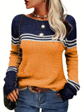 Color Block Boat Neck Knitted Top, Casual Long Sleeve Pullover Sweater For Fall & Winter, Women's Clothing