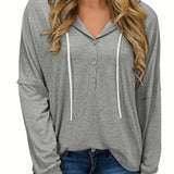 kkboxly  Drawstring Button Front Hoodie, Casual Long Sleeve Hoodies, Women's Clothing