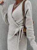 kkboxly  Solid Knotted Wrap Dress, Casual V Neck Long Sleeve Dress, Women's Clothing