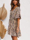Kkboxly  Leopard Print Button Tiered Dress, Ruffle Hem V Neck Short Sleeve Layered Dress, Casual Every Day Dress, Women's Clothing