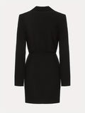 kkboxly  Tucked Solid Lapel Dress, Elegant V Neck Long Sleeve Bodycon Dress, Women's Clothing