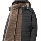 kkboxly  Men's Casual Thick Thermal Zipper Quilted Jacket, Warm Long Sleeve Hooded Fleece Lined Windproof Padded Outwear For Winter